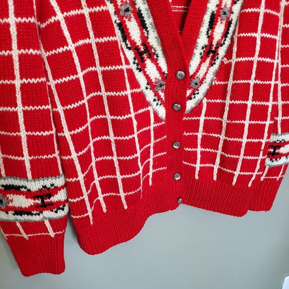 Vintage Lands' End Cardigan Sweater Womens Size Large Red Grid Floral Wool Knit - Picture 3 of 10